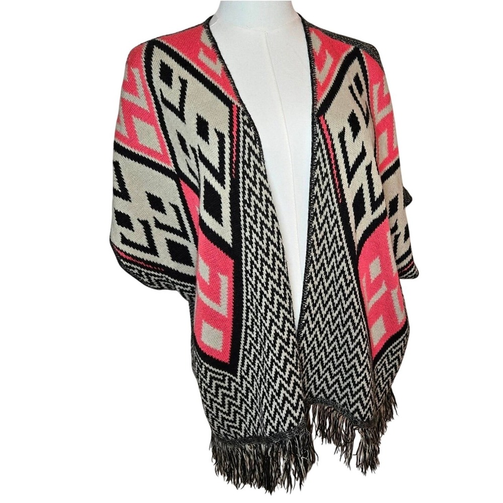 Say What? Womens Pink Geometric Fringe Poncho Sweater One Size Made in USA